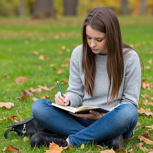 Young Woman Writing in Autumn Park