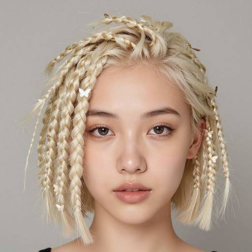 Photograph of a young woman with fair skin, platinum blonde braided hair, and neutral expression against a plain gray background.