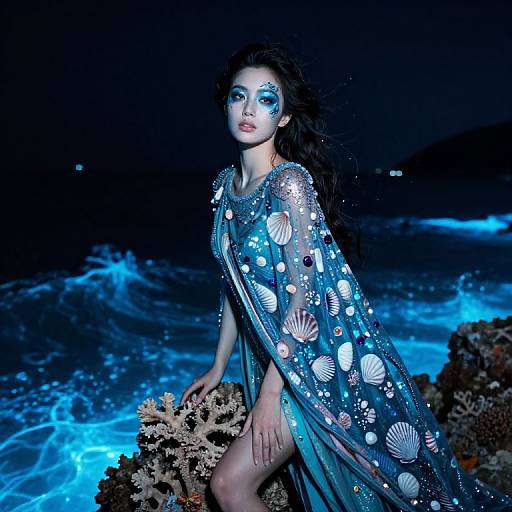 Photograph of a dark-haired woman in a shimmering, blue, sea-themed cape adorned with shell patterns, standing on coral against a glowing, dark