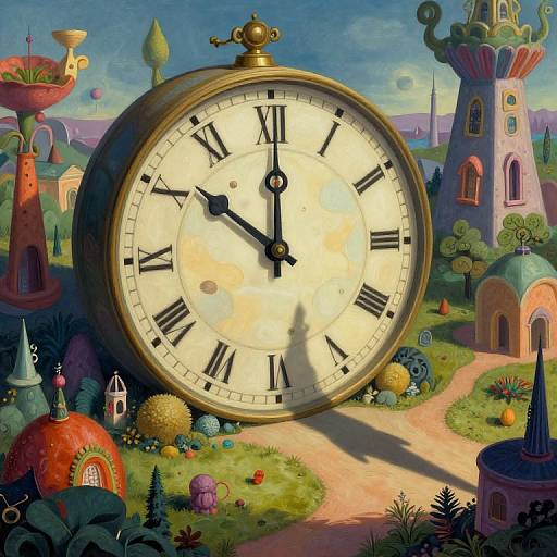 Whimsical digital painting of a giant clock with Roman numerals, set in a colorful, surreal landscape of fantastical buildings and vibrant flora.