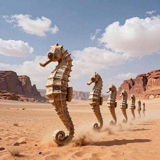Photorealistic CGI of five robotic seahorses with metallic textures marching in a desert landscape with red rock formations and blue sky.