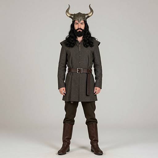 Photograph of a bearded man with long black hair, wearing a Viking helmet with horns, black tunic, brown belt, black pants, and
