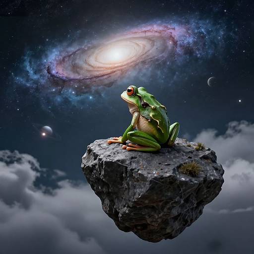 Digital artwork of a green frog with large red eyes sitting on a floating rock, gazing at a glowing spiral galaxy in a starry night sky.