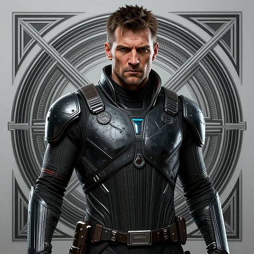Photograph of a muscular, serious-faced man in a black, futuristic armored suit with a glowing blue chest emblem, standing in front of a circular,