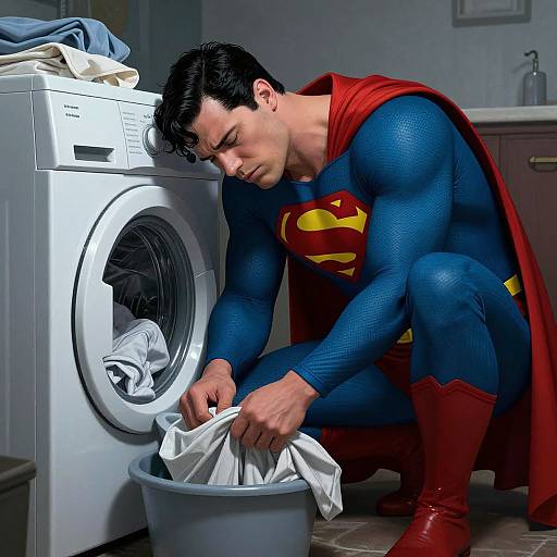 Photorealistic image of a muscular, black-haired Superman with blue suit, red cape, and boots, washing laundry in a washing machine.