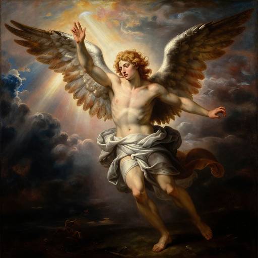 Classical painting of a muscular, winged angel with curly blonde hair, raising one arm, wearing a flowing white cloth, amidst dramatic, glowing clouds