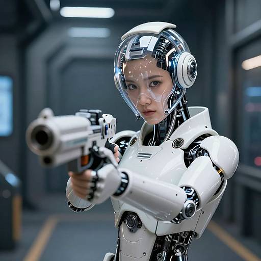 Photorealistic CGI of a young, fair-skinned, female cyborg with a transparent helmet, aiming a white futuristic handgun in a dimly lit