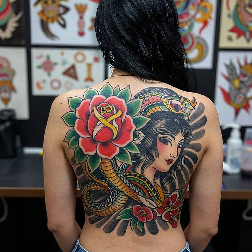 Photograph of a woman with long black hair, back facing, showcasing a vibrant, colorful tattoo of a rose-wreathed woman with a snake,
