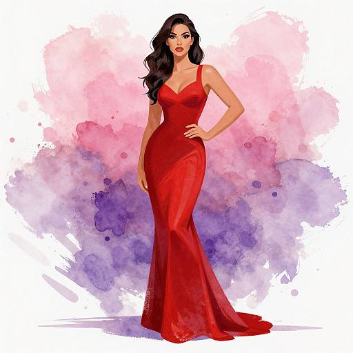 Digital illustration of a curvy woman with long black hair in a red, form-fitting, sleeveless evening gown, standing confidently against a watercolor