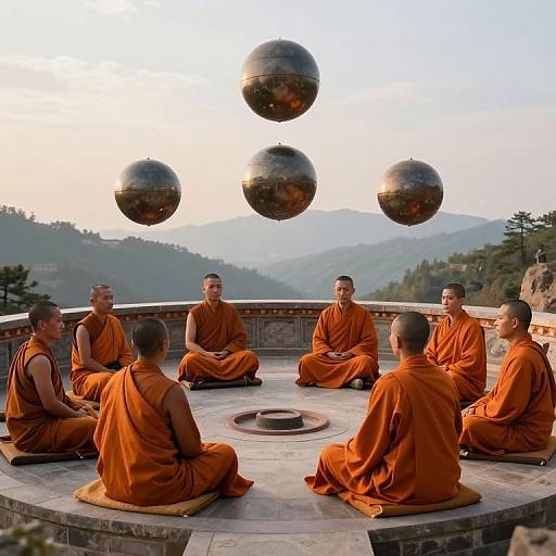 Photograph of seven Buddhist monks in orange robes, sitting in a circular stone platform, watching five floating metal orbs against a mountainous backdrop at sunset.