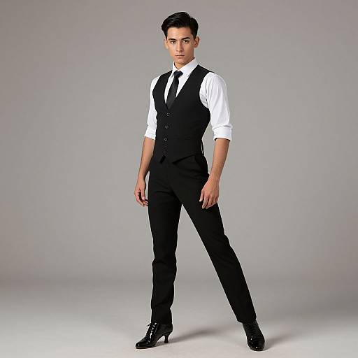 Photograph of a young, attractive man with short black hair, wearing a white shirt, black vest, tie, and pants, standing confidently against a