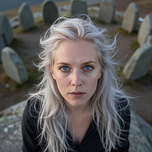 Photograph of a pale-skinned, blue-eyed woman with long, windblown white hair, wearing a black coat, standing in a cemetery with