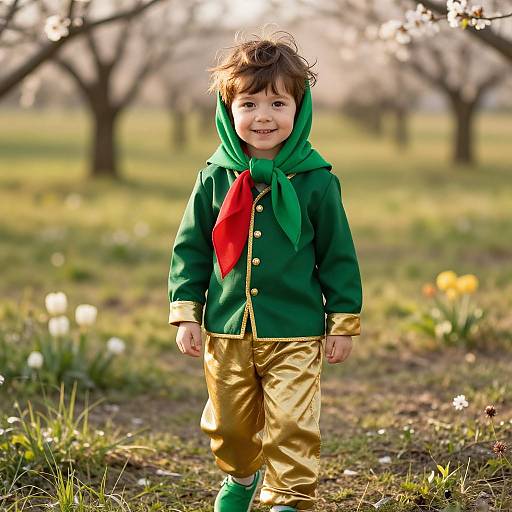 Photograph of a smiling young boy in a green scout uniform with gold pants and red neckerchief, standing in a sunlit, blooming orch