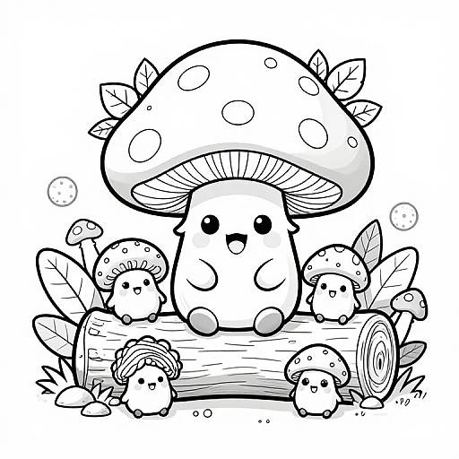 Adorable black-and-white cartoon mushroom with polka dots, sitting on a log surrounded by tiny mushrooms and leaves, smiling cutely.