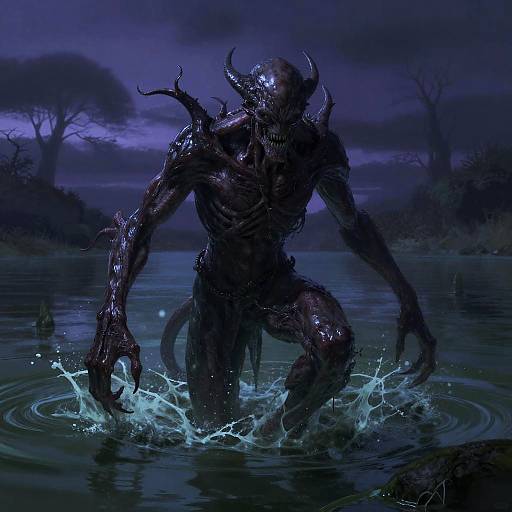 Digital artwork of a dark, monstrous creature with horns emerging from a blue-lit, splashing water at night, surrounded by silhouetted trees