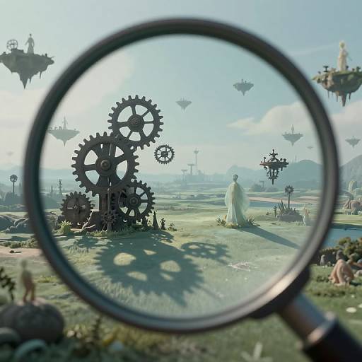 Photograph-style CGI: Magnifying glass focuses on large black gears in a grassy, futuristic landscape with floating islands and people, under a bright blue
