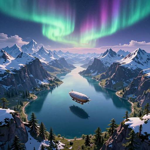 Photorealistic digital art of a serene mountain lake with a floating boat under vibrant green and purple auroras, surrounded by snow-capped peaks and ever
