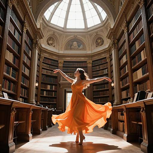 Photograph of a woman in an orange flowing dress dancing in a sunlit, ornate library with tall bookshelves and a large dome window.