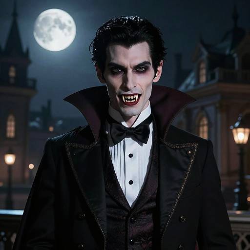 Photorealistic digital image of a menacing vampire with pale skin, black hair, dark makeup, fangs, black coat, and bow tie, standing