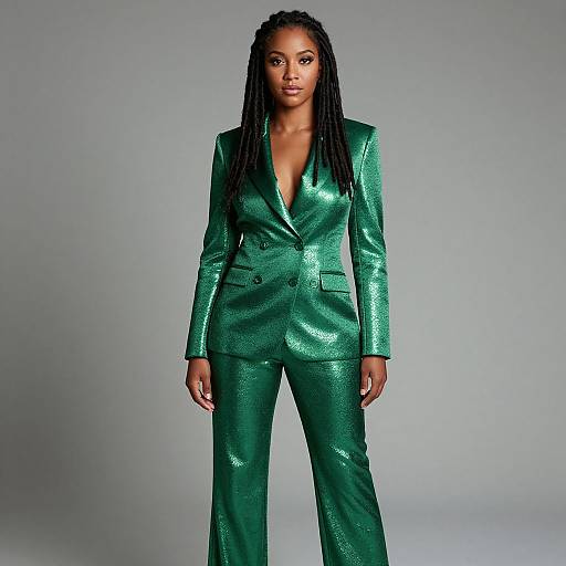 Photograph of a confident Black woman with long dreadlocks, wearing a shimmering green blazer and matching pants, standing against a plain gray background.