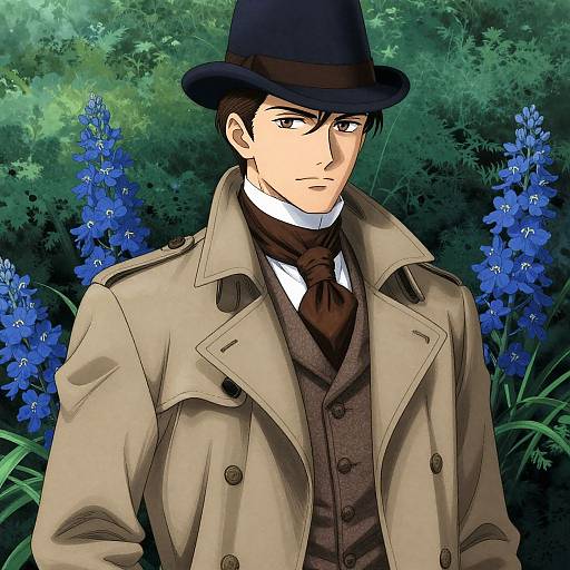 Digital anime-style drawing of a serious young man in a tan trench coat, brown vest, and black hat, standing in a lush green forest with vibrant
