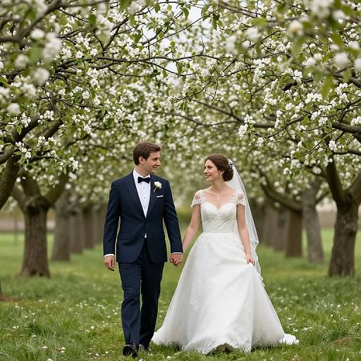 Photograph of a smiling bride in a white lace gown and veil, and groom in a black tuxedo, walking hand-in-hand through a bloss