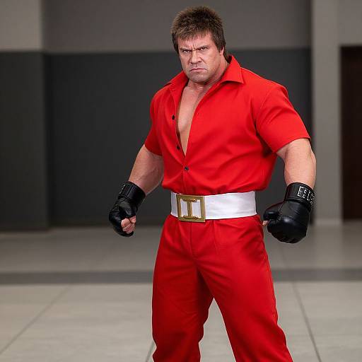 Photograph of a muscular man with short brown hair, wearing a red button-up shirt, red pants, white belt, black gloves, and intense expression
