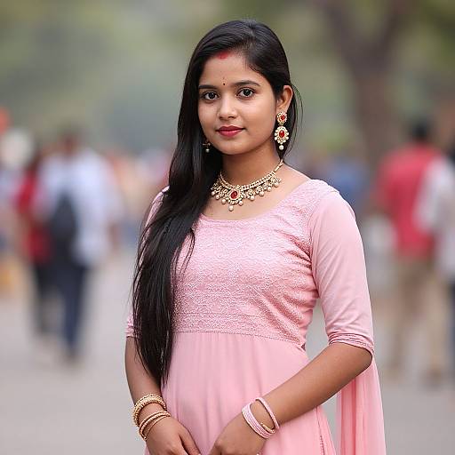 Photograph of a young Indian woman with long black hair, wearing a pink traditional dress, gold jewelry, and red bindi, standing outdoors in a