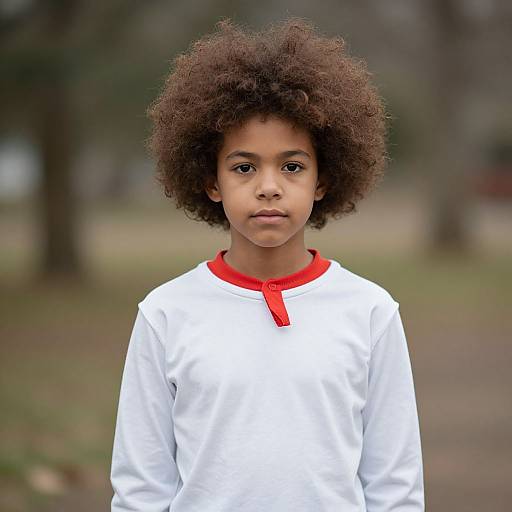 Photograph of a young African-American boy with large, curly afro, wearing a white long-sleeve shirt with red collar, standing in a