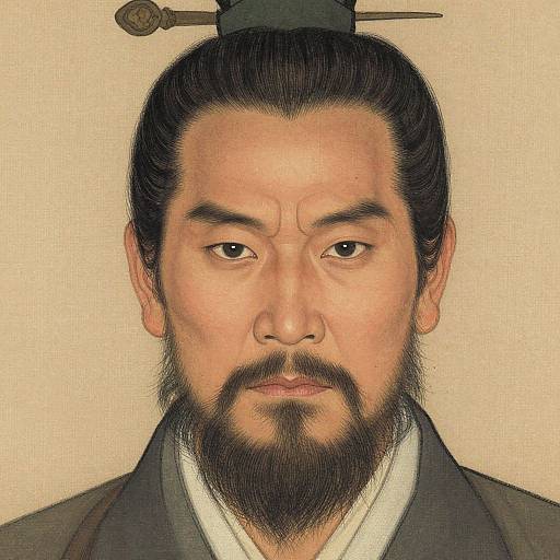 Traditional Japanese portrait of a bearded man with black hair in a topknot, wearing a dark kimono, against a beige background.