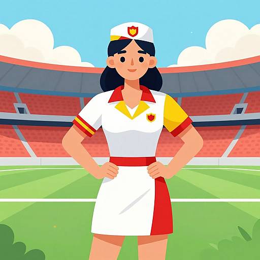 Digital illustration of a smiling female soccer referee with black hair, white and red uniform, and yellow sleeves, standing in a colorful stadium.