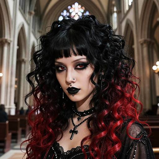 Gothic woman with black and red curly hair, dark makeup, nose ring, cross necklace, in a gothic cathedral. Photographic portrait.