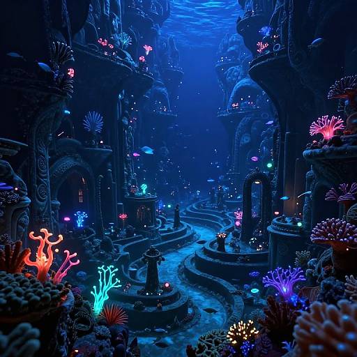 Underwater fantasy scene: glowing coral, vibrant fish, dark blue hues, intricate arches, winding path, illuminated by colorful marine life in a mystical
