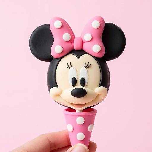 Photograph of a Minnie Mouse figurine with a pink polka-dotted bow, black ears, and white polka-dotted pink base,