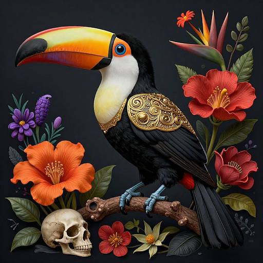 Digital illustration of a colorful toucan with golden ornate wings, perched on a branch with vibrant flowers, a skull, and exotic plants against a