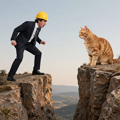 Photograph of a man in a black suit and yellow hard hat, standing on a rocky cliff, facing a orange tabby cat on another cliff,