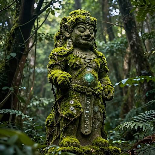 Photograph of a moss-covered, ancient stone statue with intricate carvings and glowing gem, standing in a dense, lush forest.