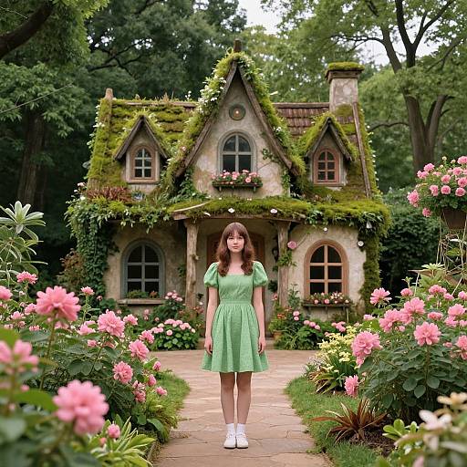 Photograph of a young girl in a green dress standing on a stone path leading to a whimsical, moss-covered cottage surrounded by pink flowers and lush