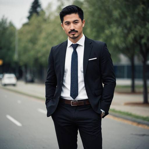 Young Asian businessman in suit standing outdoors