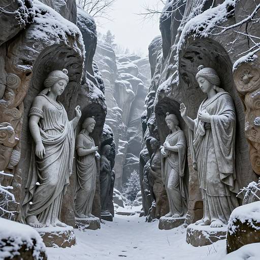 Photograph of snow-covered stone statues of classical women in archways, standing in a serene, rocky, mountainous winter landscape.