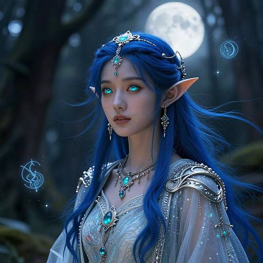 Digital art of a blue-haired, elven woman with glowing eyes, wearing intricate silver and turquoise jewelry, in a moonlit forest.