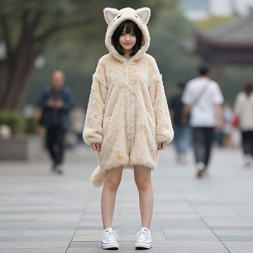 Photograph of an Asian woman with black hair in a fluffy beige cat hoodie, cat ears, tail, and white sneakers, standing on a blurred urban