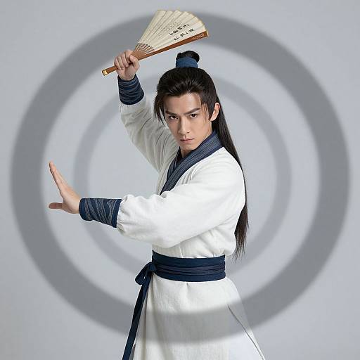 Digital illustration of an Asian martial artist in white kimono, holding a wooden fan above his head, with a serious expression and extended hand, set against