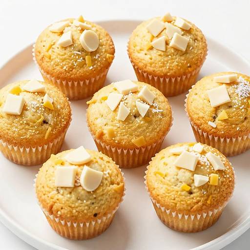 Photograph of six golden-brown, textured muffins with white and yellow cheese cubes on top, arranged in a circular pattern on a white plate.