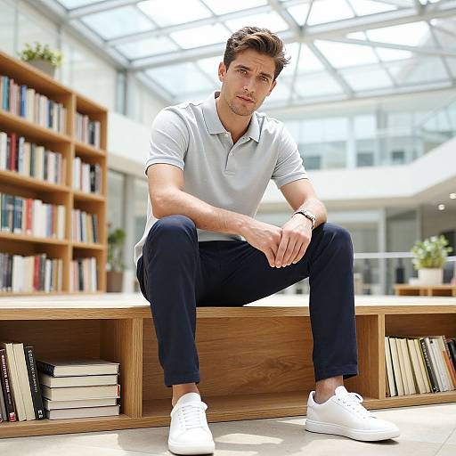 Photograph of a young, handsome man with short brown hair, white polo shirt, black pants, and white sneakers, sitting on a wooden bookshelf