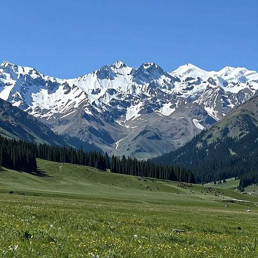 Photograph of a vibrant green meadow with wildflowers, leading to a dense forest, and towering snow-capped mountains under a clear blue sky.