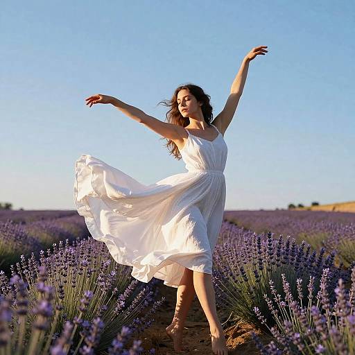 Photograph of a woman in a flowing white dress dancing in a lavender field under a clear blue sky, arms gracefully raised.