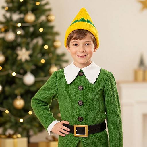 Photograph of a smiling young boy in a green elf costume with yellow hat, white collar, black belt, standing in front of a Christmas tree.