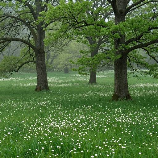 Photograph of a serene forest clearing with tall trees, vibrant green grass, and a carpet of white wildflowers under a misty sky.