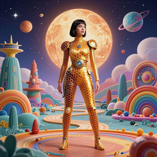 Digital art of a woman in a golden, honeycomb-patterned spacesuit standing on a colorful, surreal planet with large moon, planets, and whims